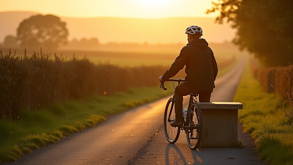 Cyclist resting on roadside with mountain views and peaceful countryside landscape